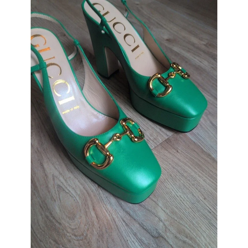 Gucci Charlotte Horsebit Platform Slingback Heels green Women's Eu 38 $1390